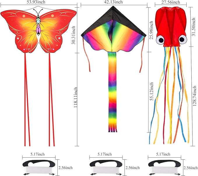 3 Pack Large Kites, Large Butterfly Kite, Colorful Delta and Red Octopus for Girls Boys Ages 4-8, 8-12, Adults