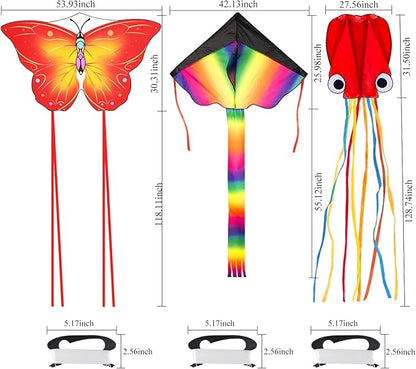 3 Pack Large Kites, Large Butterfly Kite, Colorful Delta and Red Octopus for Girls Boys Ages 4-8, 8-12, Adults