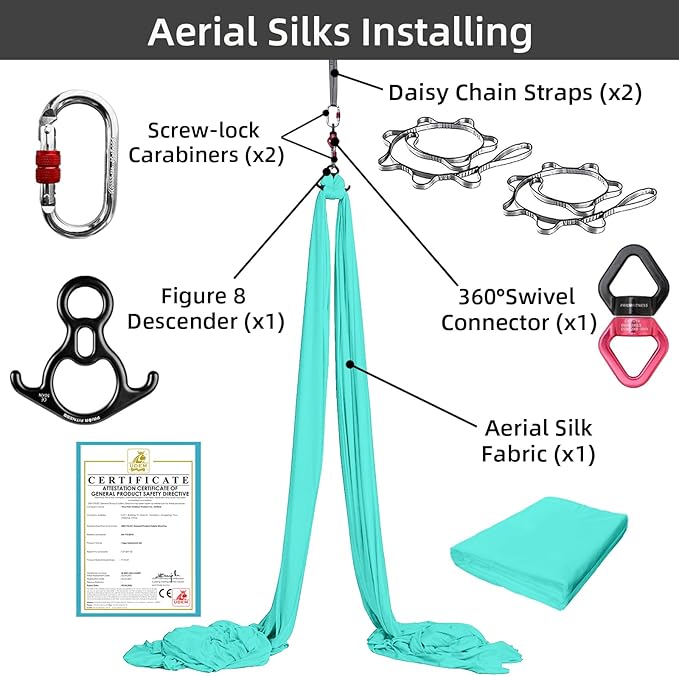PRIOR FITNESS Aerial Silks Set, Professional Thicker Low Stretch Fabric 9/15/20 Yards Aerial Silk Swing Set with Hardware Guide, Yoga Starter Kit For Home, Aerial Yoga Hammock, Silks for Gymnastics, Antigravity Yoga, Inversion Exercise-All Levels