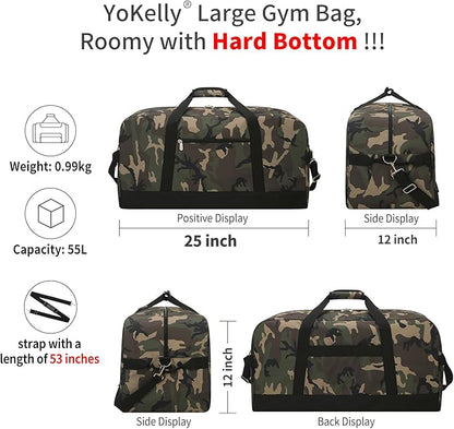 55L Large Duffle Bag for Men Travel - 25 inch Sports Duffel Bag with Hard Bottom - Camo