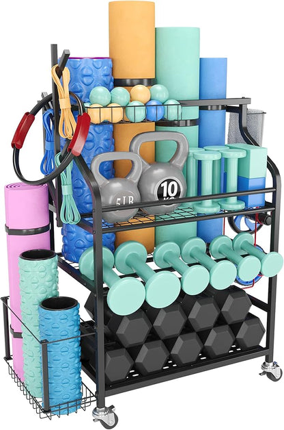 Dumbbells Rack,Weight Rack for Kettlebell, Weight Stand,Home Gym Storage Holder for Yoga Mat, Foam Roller,Yoga Strap,Resistance Bands,Garage Storage Organizer,Workout Storage with Wheels