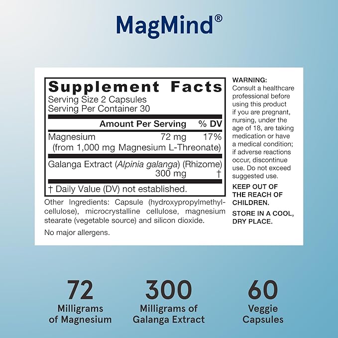 Jarrow Formulas Magnesium L-Threonate, MagMind Productivity, High Absorption Magnesium, Brain Supplements for Memory and Focus, 60 Veggie Capsules, Up to a 30 Day Supply