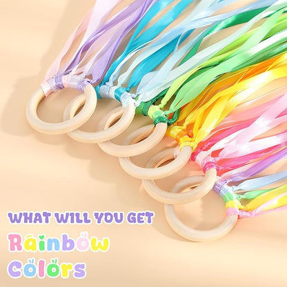 Deekin 12 Pcs Rainbow Ribbon Wooden Waldorf Toys Creative Waldorf Hand Kite Set Streamers with Wood Ring Sensory Learning Educational Toy for Playroom Dancing Birthday(Cute Color)
