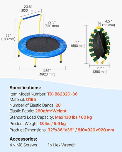 VEVOR 3FT Trampoline 36" Indoor/Outdoor for Toddlers, Foldable Mini Baby With Foam Handle, Recreational Birthday Gift