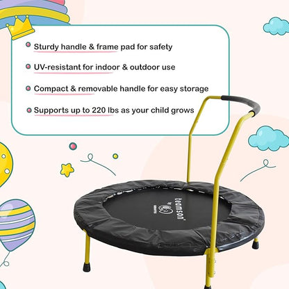Teamson by Crowntec 36'' Round UV Resistant Steel Mini Trampoline with Handle and Safety Pad for Kids Removable Legs Indoor Outdoor Use Blue