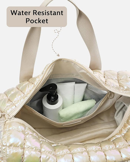 Quilted Duffel Bag for Women, Puffer Gym Duffle Bag with Shoe Compartment Lightweight Large Crossbody Sport Travel Bag Tote Beige Mermaid