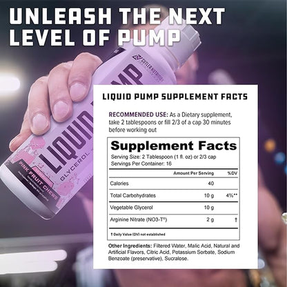Liquid Pump - Glycerol and Arginine Nitrates for Optimized Pump pre-Workout Liquid Caffeine Free Non stim pre-Workout for Energy and Performance and nictic Oxide Booster | Pink Fruit Chews Flavor