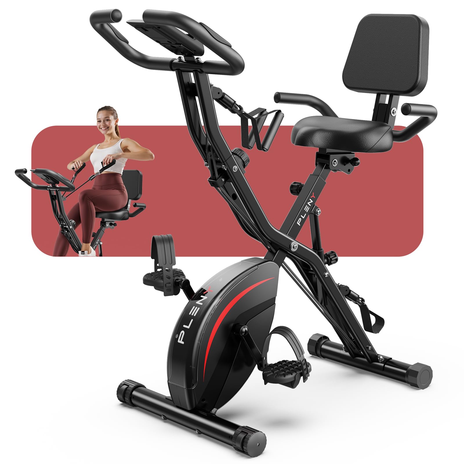 Pleny Folding Exercise Bike, 5 IN 1 Stationary Bikes for Home 6.6 LBS Flywheel, 330LB Weight