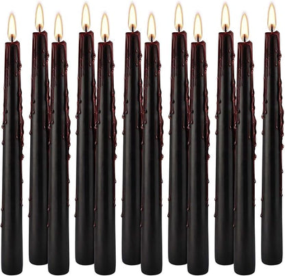 12PCS 10-Inch Black Bleeding Taper Candles,Vampire Tears Taper Candles- Unscented Ideal for Halloween, Christmas, Rituals, and Themed Party Decor