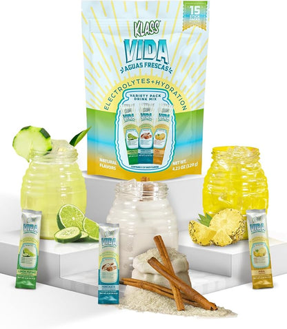 Variety Pack Electrolyte Drink Mix – Pineapple, Horchata & Cucumber Limeade Flavors | Sugar-Free Hydration Powder Packets with Coconut Water & Minerals | 15 Instant Hydration Stick Packs