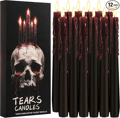 12 Pack Halloween Bleeding Candles, Black Vampire Tears Taper Candles Spooky Blood Drip Candles Set for Halloween Party Gothic Home Vampire Theme Rituals Decoration