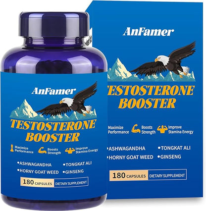 Testosterone Booster for Men with Ashwagandha, L-Arginine, Tongkat Ali, Tribulus, Natural Testosterone Supplement for Men Workout, Strength Booster, Performance and Building Muscle, 180 Capsules