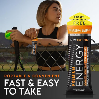 NewTrition® Extra Strength Energy Shots, 250mg Caffeine Energy Shots with Vitamin B & Amino Acids, Sugar-Free Vitamin Energy Shot, 1.7 fl oz (Pack of 6, Tropical Burst)