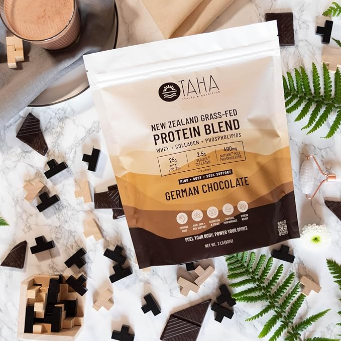 Taha Health & Nutrition Mind + Body Protein Blend ??German Chocolate | 25g Protein from Whey & Collagen + 400mg Milk Phospholipids | Grass-Fed, Free-Range New Zealand Dairy | 2LB