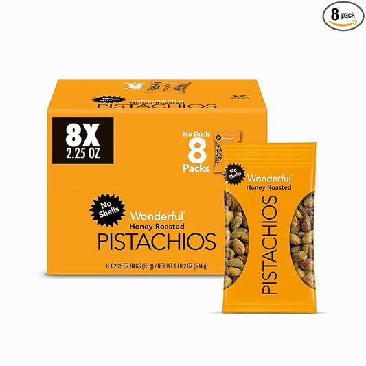 Wonderful Pistachios No Shells, Honey Roasted Nuts, 2.25 Ounce Bag (Pack of 8), Protein Snacks