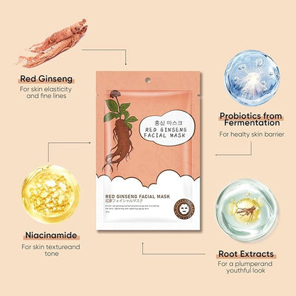 10Pack Sheet Face Masks Skincare for All Skin Types, Moisturizing Hydrating Facial Masks Suitable for Sensitive Skin, Red Ginseng Face Masks for Wrinkles, Fine-Lines, Firmness and Elasticity