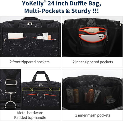 24 inch Large Gym Bag for Men - 65L Hard Bottom Duffle Bag with Shoes Compartment for Sport/Travel - Marble Black