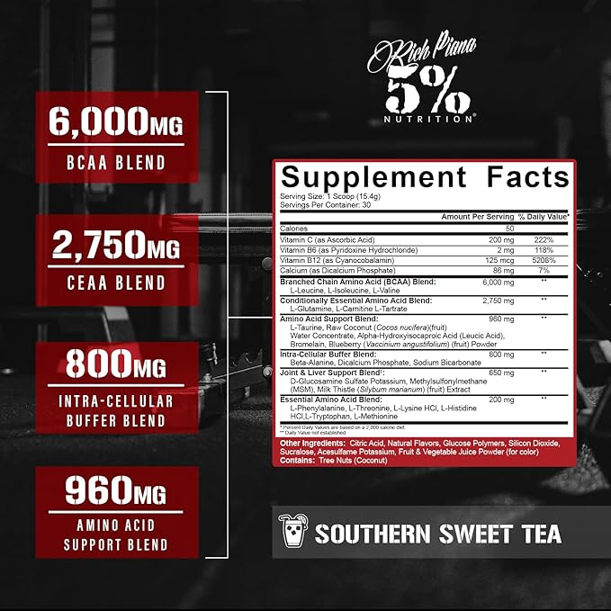 5% Nutrition Rich Piana AllDayYouMay BCAA Powder | Premium Intra & Post Workout Amino Acids, Hydration, Endurance, Muscle Recovery, Joint & Liver Support | 16.3 oz, 30 Servings (Southern Sweet Tea)