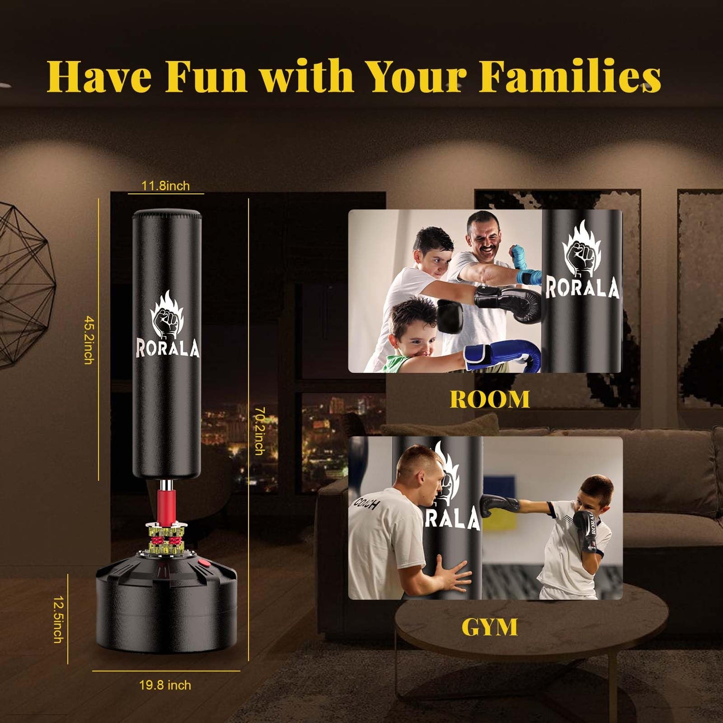 RORALA Punching Bag with Stand 70"-203lbs, Freestanding Heavy Boxing Bag Including 12OZ Boxing