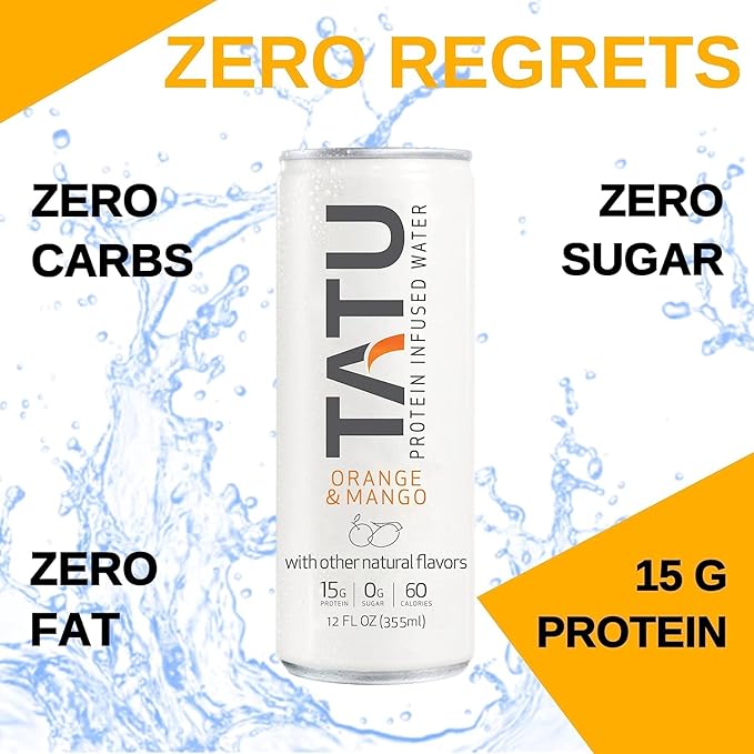 TATU Ready-To-Drink Protein Infused Water Orange Mango 12 Pack. 15 grams of whey protein isolate, 0 grams of sugar, only 60 calories. Lemon Ginger and Orange Mango. Gluten Free, lactose free.…