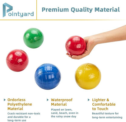 Pointyard 90mm Bocce Ball Set with 8 PE Balls, 1 Pallino, Carrying Bag, Measuring Tape - Family Game for Outdoor/Lawn/Beach/Park