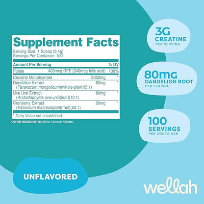 Wellah Pump-It-Up Creatine (100 Servings, Unflavored) - Creatine Monohydrate with Dandelion, Uva Ursi, & Cranberry Extract