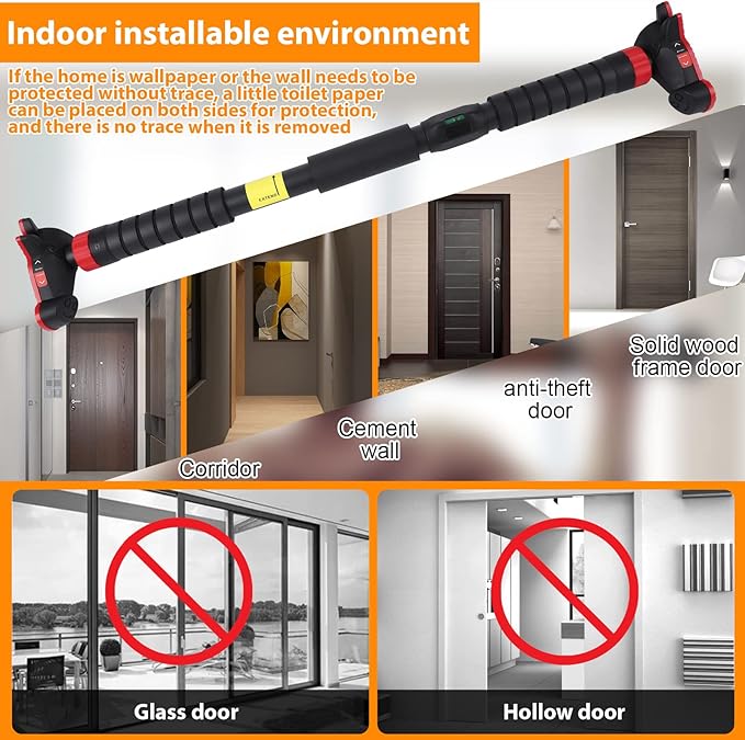 Adjustable Pull Up Bar for Doorway - 440LBS Weight Capacity, No Screws Installation with Level Meter and Auto Lock, Chin Up Bar for Home Gym Strength Training