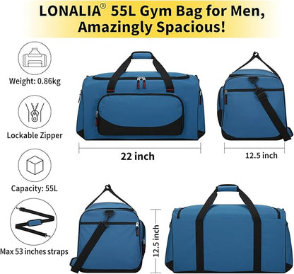 55L Large Duffle Bag for Men - 22 inch Men's Sports Gym Bag Heavy Duty Duffel Bag (Blue)