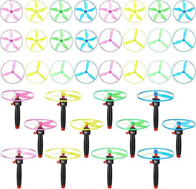 36 Pcs Flying Saucer Flying Disc Toy Helicopter Toy Disco Flyers Include 12 String Launchers and 24 Flying Saucer Flying Disc Launcher Flying Toys Little Teens Outdoor Activity Birthday Favors