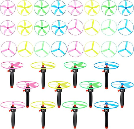 36 Pcs Flying Saucer Flying Disc Toy Helicopter Toy Disco Flyers Include 12 String Launchers and 24 Flying Saucer Flying Disc Launcher Flying Toys Little Teens Outdoor Activity Birthday Favors