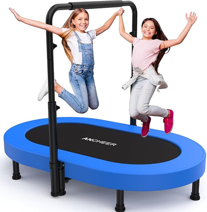 ANCHEER 56'' Foldable Mini Trampoline with Adjustable Handle - Indoor/Outdoor Rebounder for Kids & Toddlers Safe Oval Fitness Trampoline with Bar for Home Fun