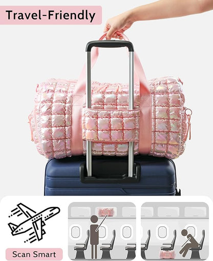 Quilted Duffel Bag for Women, Puffer Gym Duffle Bag with Shoe Compartment Lightweight Large Crossbody Sport Travel Bag Tote Pink Abalone