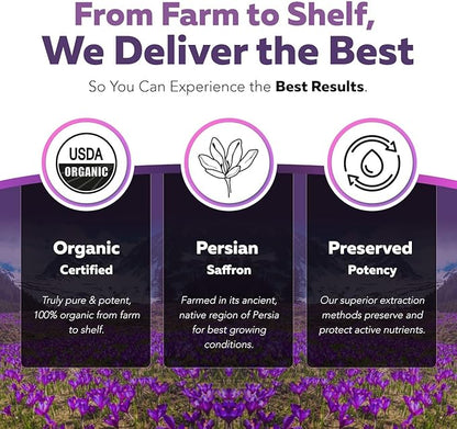 Organic Saffron Extract: Optimized Extract with Safromotivines, Safranal, and Crocins – Clinically Studied | Premium Persian Sargol Quality | Supports Mood, Calmness, and Relaxation – 30 Servings