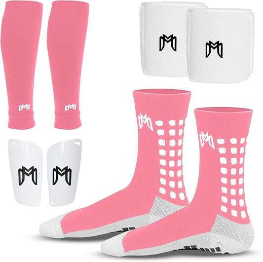 Soccer Grip Socks, Shin Guards, Pre Cut Sock Sleeves, and Guard Straps Bundle Pack - Essential Equipment for Soccer Players - for Mens, Women, Youth, Size 7 to 12 US Men Shoe Size