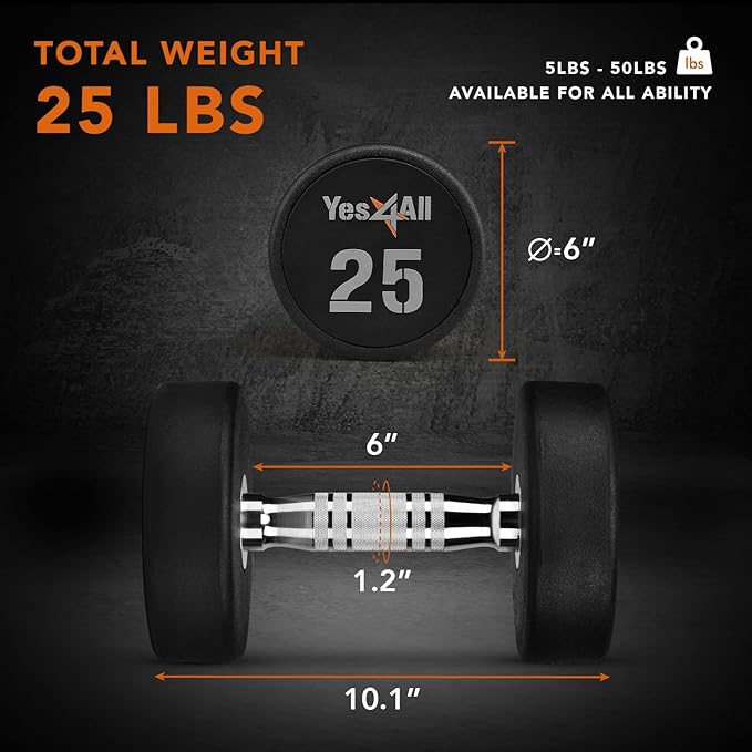 Yes4All Urethane Dumbbell with Anti-Slip Knurled Handle 5-50 LB for Muscle Building - Sold Individually