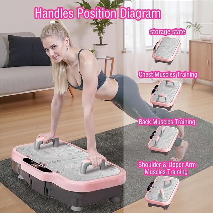 Vibration Plate Exercise Machine, Vibrating Fitness Platform Whole Body Shake Board Workout Equipment Fat Burner Vibrate Stand with Bluetooth Resistance Bands for Women Men Home Sport Gym-Pink