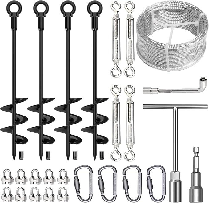 4 Pcs 18" Fully Welded Ground Anchors Shed Anchors Kit with 1/8" Galvanized Cable & Turnbuckles & Carabiners, Heavy Duty Earth Anchors for Sheds Trees Trampoline Greenhouse Swing Set Tent (Black)
