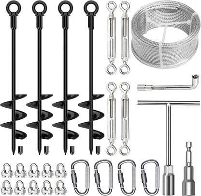 4 Pcs 18" Fully Welded Ground Anchors Shed Anchors Kit with 1/8" Galvanized Cable & Turnbuckles & Carabiners, Heavy Duty Earth Anchors for Sheds Trees Trampoline Greenhouse Swing Set Tent (Black)