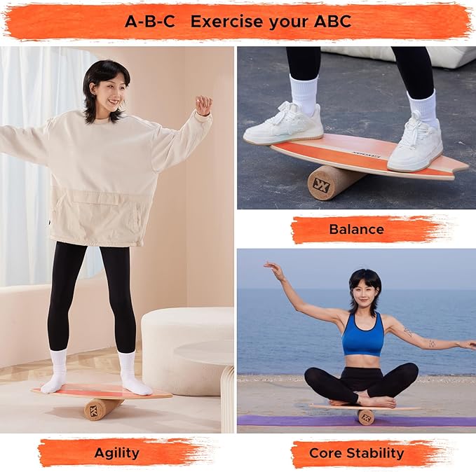 XCMAN Surf Balance Board Trainer with Roller Wooden Exercise Balancing Stability Trainer - Non Slip Surface for Adults Kids|Balance Board for Surfing,Snowboarding,Skateboarding,Hockey,Yoga Training