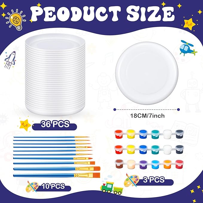 Tenceur 36 Pcs DIY Plastic Flying Disks Bulk 7 Inch Color Your Own White Flying Disc with 10 Paintbrushes and 3 Paints for Party Favors and Crafts Fun Home Activities Games