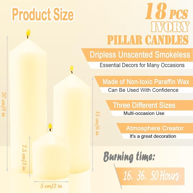 18 Pcs Ivory Pillar Candles Bulk Set，Hurricane Candlesï¼? Different Lengths (6 Each)，Dripless Unscented Smokeless，Gives You a Better Atmosphere When Organizing Wedding or Event Party.