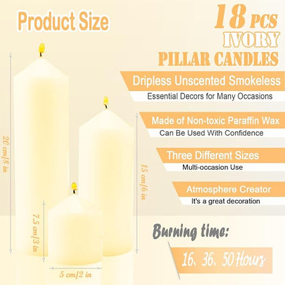 18 Pcs Ivory Pillar Candles Bulk Set，Hurricane Candlesï¼? Different Lengths (6 Each)，Dripless Unscented Smokeless，Gives You a Better Atmosphere When Organizing Wedding or Event Party.