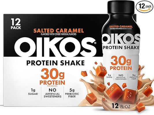 Oikos Protein Shake, Salted Caramel, 30g High Protein Drinks, Shelf Stable, Ready to Drink, 5g