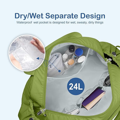 TOPDesign Travel Duffel Bag for Women, Puffer Gym Bag Sports Tote with Wet Pocket, Carry On Weekender with Luggage Sleeve (Green)