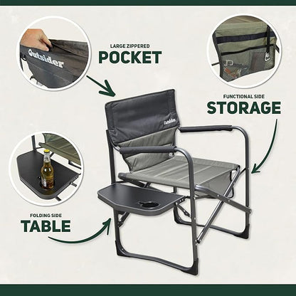 OUTSIDER Portable Directors Camping Chair, Lightweight Folding Aluminum Outdoor Chair with Side Table and Storage Pouch for Camping, Lawn, Sports and Fishing, Heavy Duty Supports 350lbs