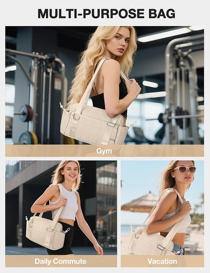 VUUDH Puffy Mini Gym Bag for Women, Carry On Multi-Pocket Water-Resistant Duffel, Lightweight Sports Bag for Fitness, Work, Travel, Daily Commute,Camel