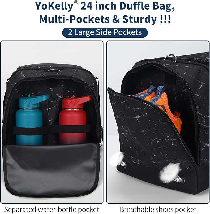 24 inch Large Gym Bag for Men - 65L Hard Bottom Duffle Bag with Shoes Compartment for Sport/Travel - Marble Black