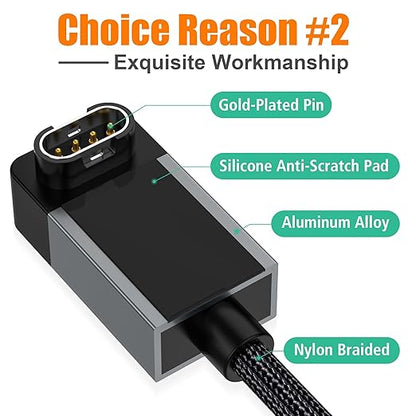 AGVEE 2 Pack 1.5ft Charger for Garmin Watch, L-Shape Zero Gap Charging Cable for Fenix, Forerunner, Vivoactive, Instinct, Venu, Tactix, Approach, D2, Quatix Series, Right Angle Braided, Dark Gray