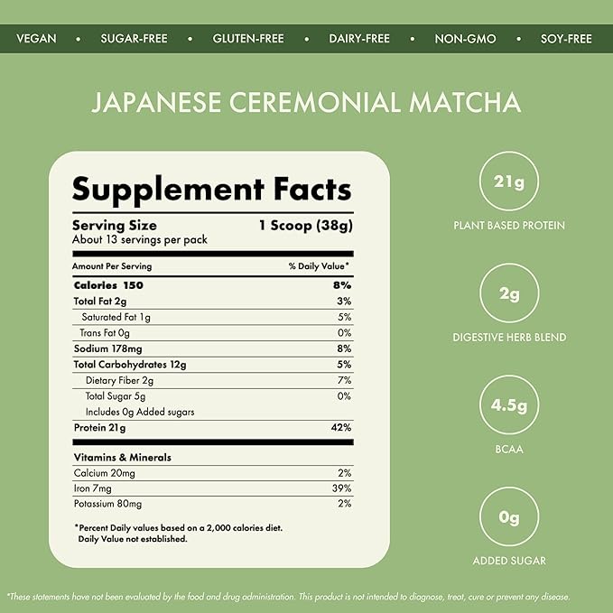 No Nonsense Plant Protein, Organic Brown Rice & Pea Isolate, Easy Digestion, 24G Protein/Serving, Gluten & Lactose Free Japanese Ceremonial Matcha 500 G (Pack of 1)