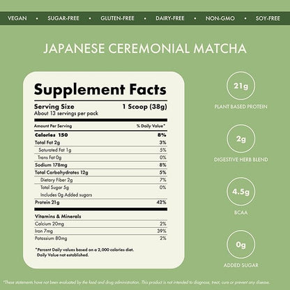 No Nonsense Plant Protein, Organic Brown Rice & Pea Isolate, Easy Digestion, 24G Protein/Serving, Gluten & Lactose Free Japanese Ceremonial Matcha 500 G (Pack of 1)